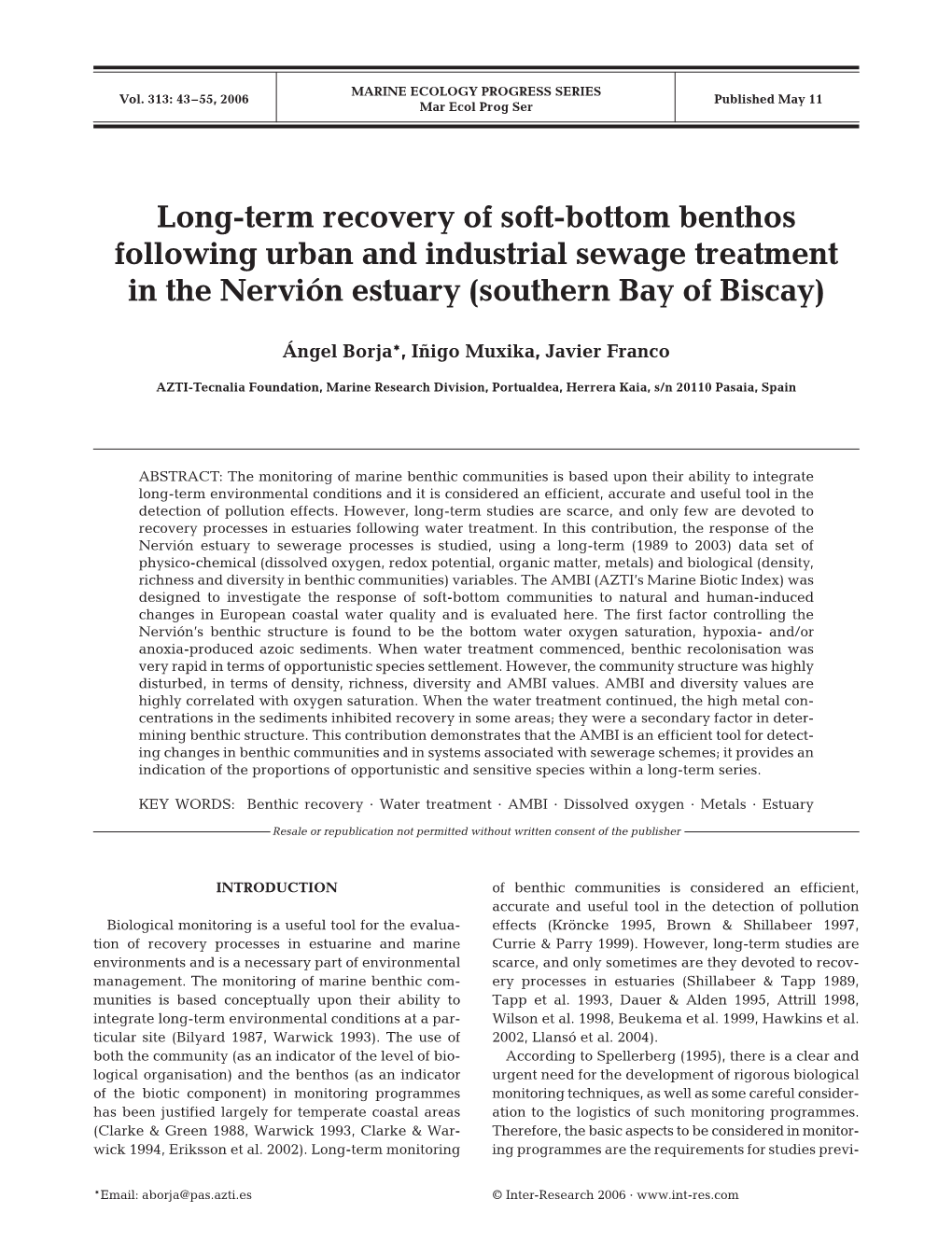 Long-Term Recovery of Soft-Bottom Benthos Following Urban and Industrial Sewage Treatment in the Nervión Estuary (Southern Bay of Biscay)