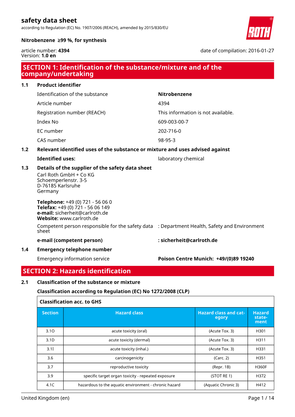 Safety Data Sheet: Nitrobenzene