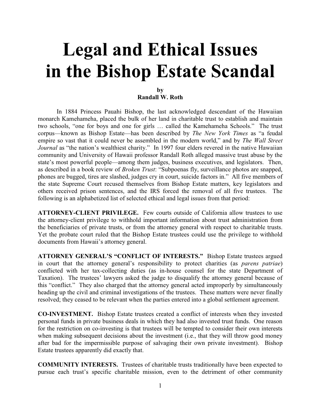 Legal and Ethical Issues in the Bishop Estate Scandal