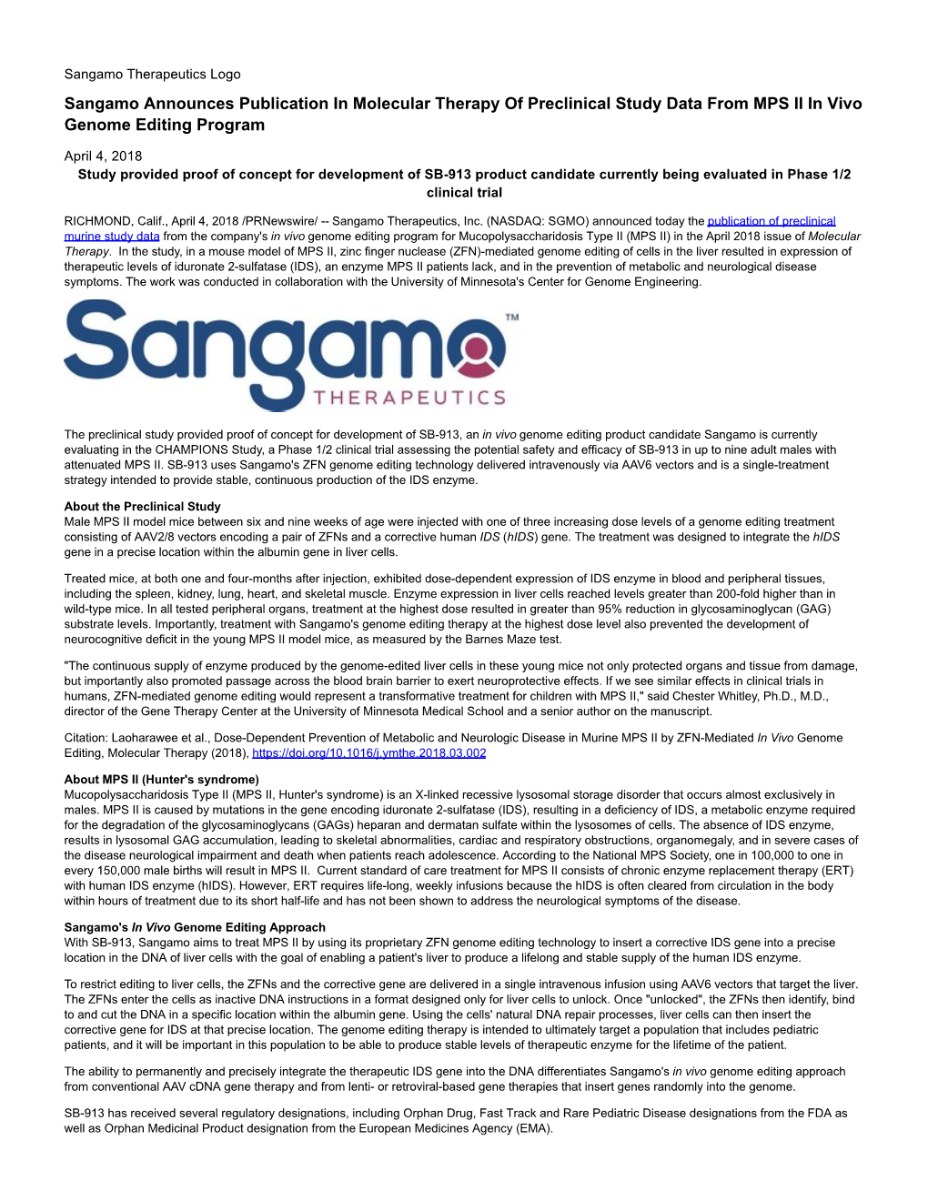 Sangamo Announces Publication in Molecular Therapy of Preclinical Study Data from MPS II in Vivo Genome Editing Program