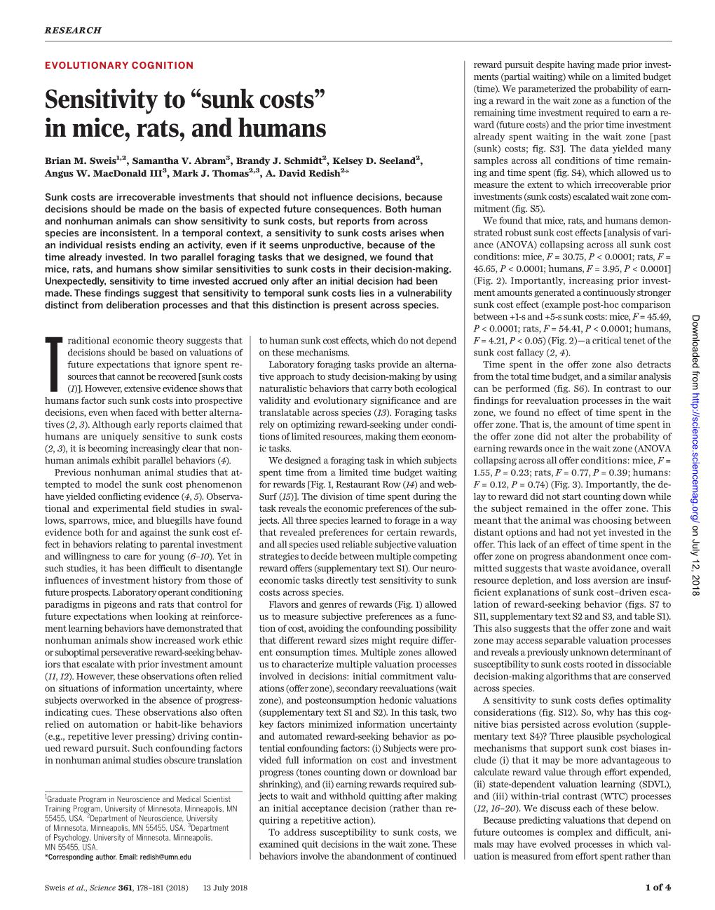 Sensitivity to “Sunk Costs” in Mice, Rats, and Humans Brian M