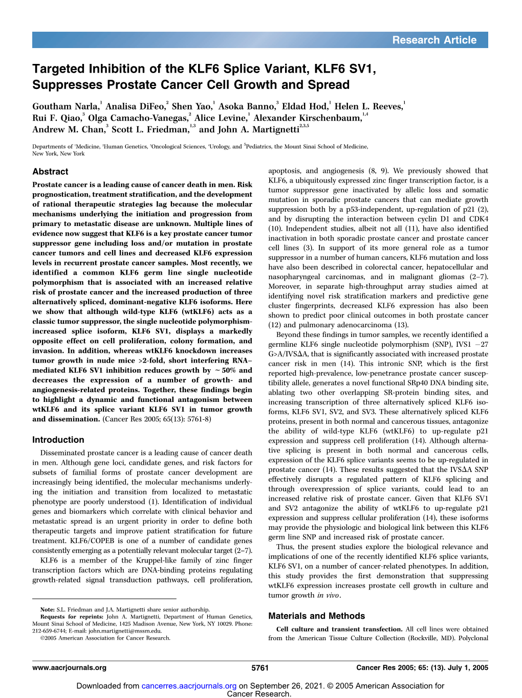 Targeted Inhibition of the KLF6 Splice Variant, KLF6 SV1, Suppresses Prostate Cancer Cell Growth and Spread