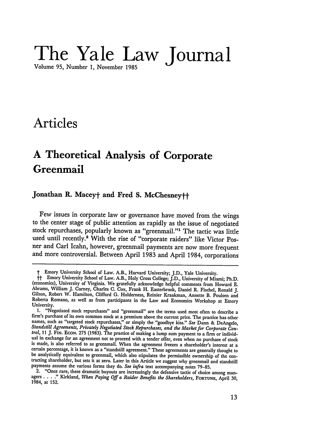 A Theoretical Analysis of Corporate Greenmail