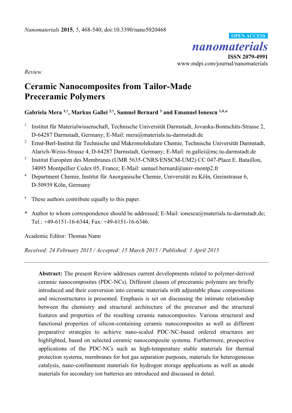 Ceramic Nanocomposites from Tailor-Made Preceramic Polymers