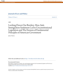 Locking Down Our Borders: How Anti-Immigration Sentiment Led to Unconstitutional Legislation and the Erosion of Fundamental Principles of American Government, 18 J