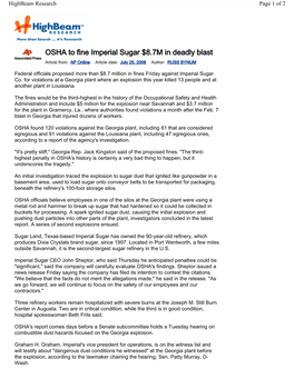 OSHA to Fine Imperial Sugar $8.7M in Deadly Blast