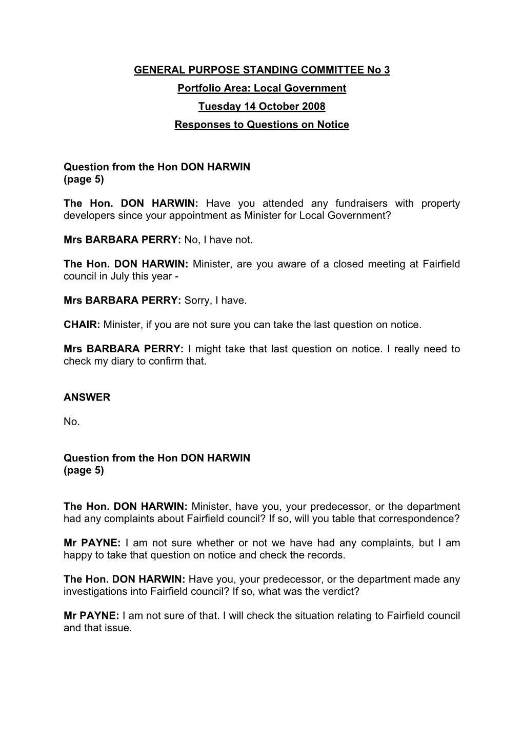 Local Government Tuesday 14 October 2008 Responses to Questions on Notice