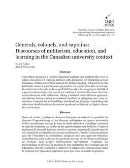 Generals, Colonels, and Captains: Discourses of Militarism, Education, and Learning in the Canadian University Context