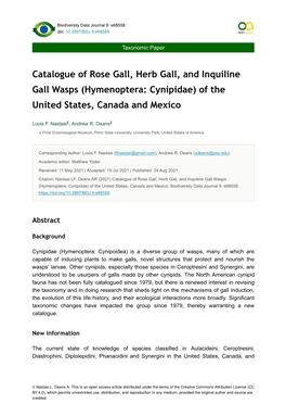 Catalogue of Rose Gall, Herb Gall, and Inquiline Gall Wasps (Hymenoptera: Cynipidae) of the United States, Canada and Mexico