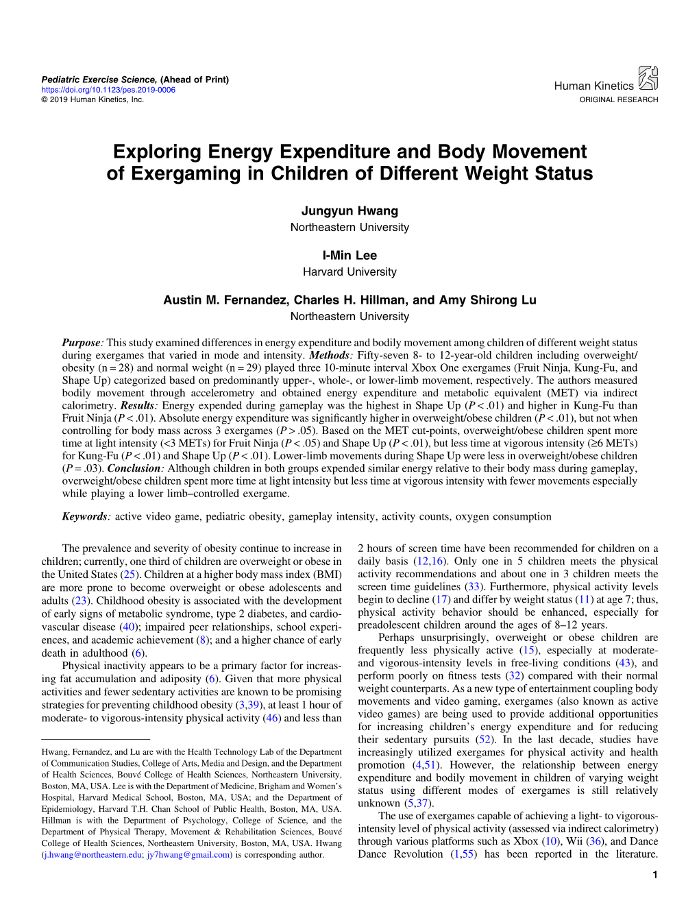 Exploring Energy Expenditure and Body Movement of Exergaming in Children of Different Weight Status