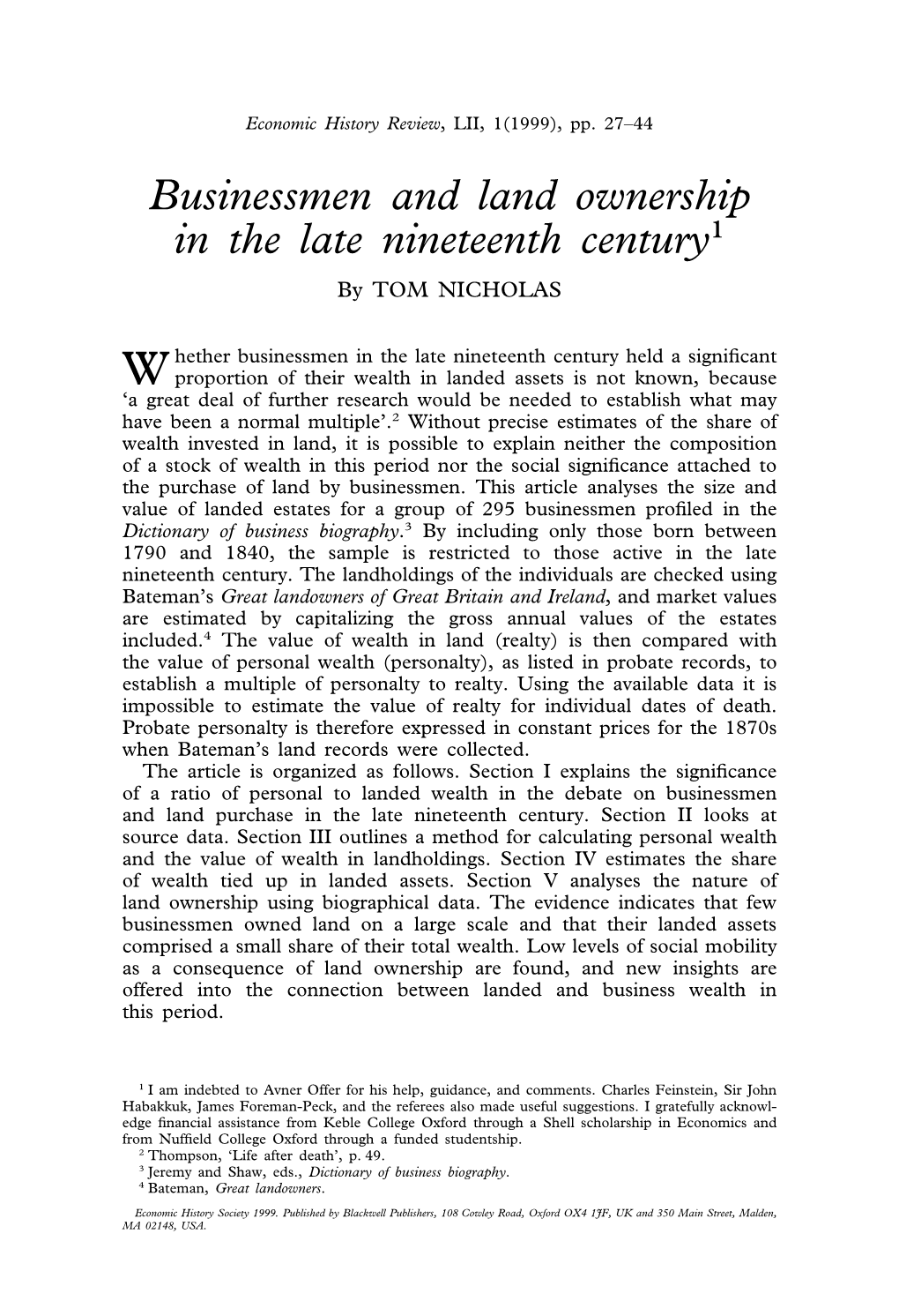 Businessmen and Land Ownership in the Late Nineteenth Century1 by TOM NICHOLAS