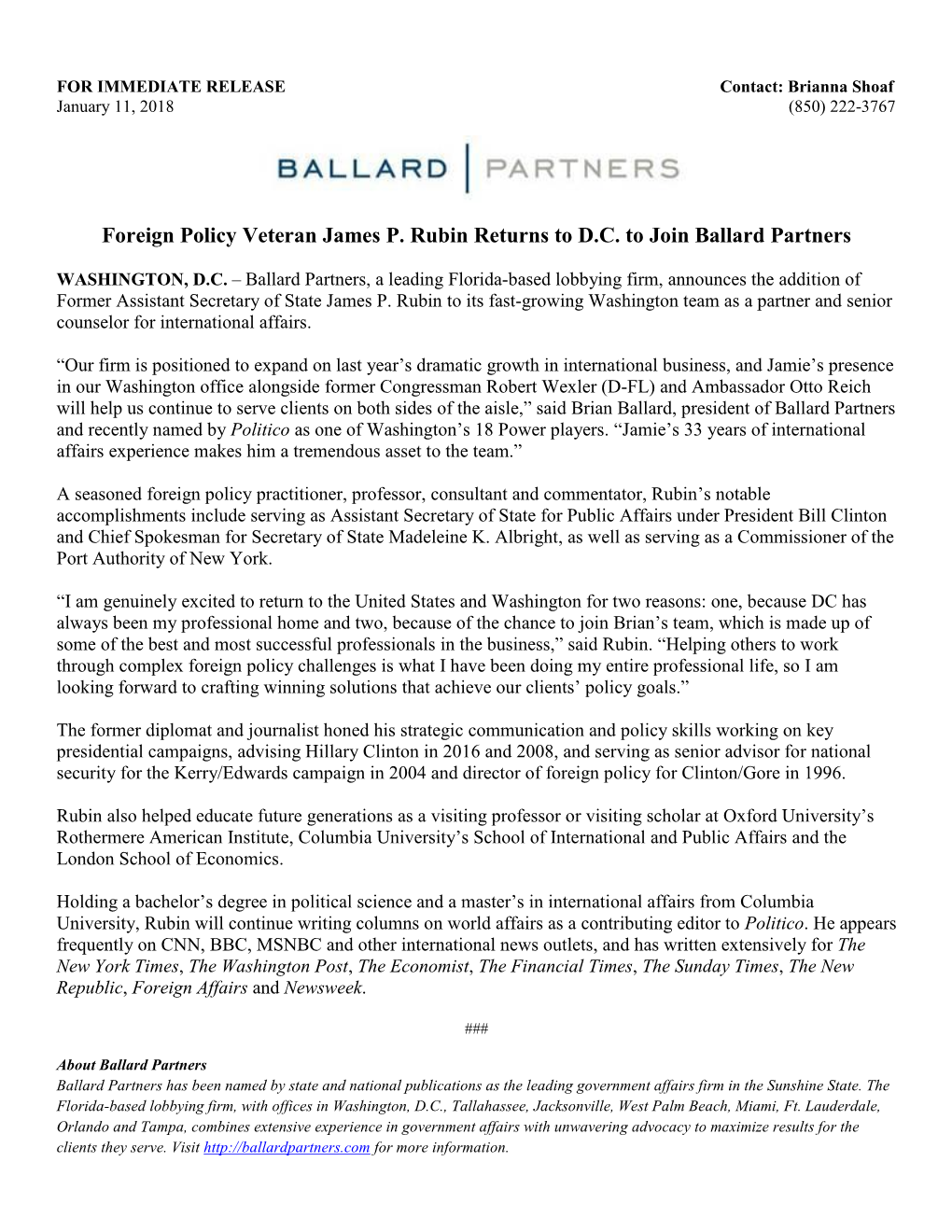 Foreign Policy Veteran James P. Rubin Returns to D.C. to Join Ballard Partners