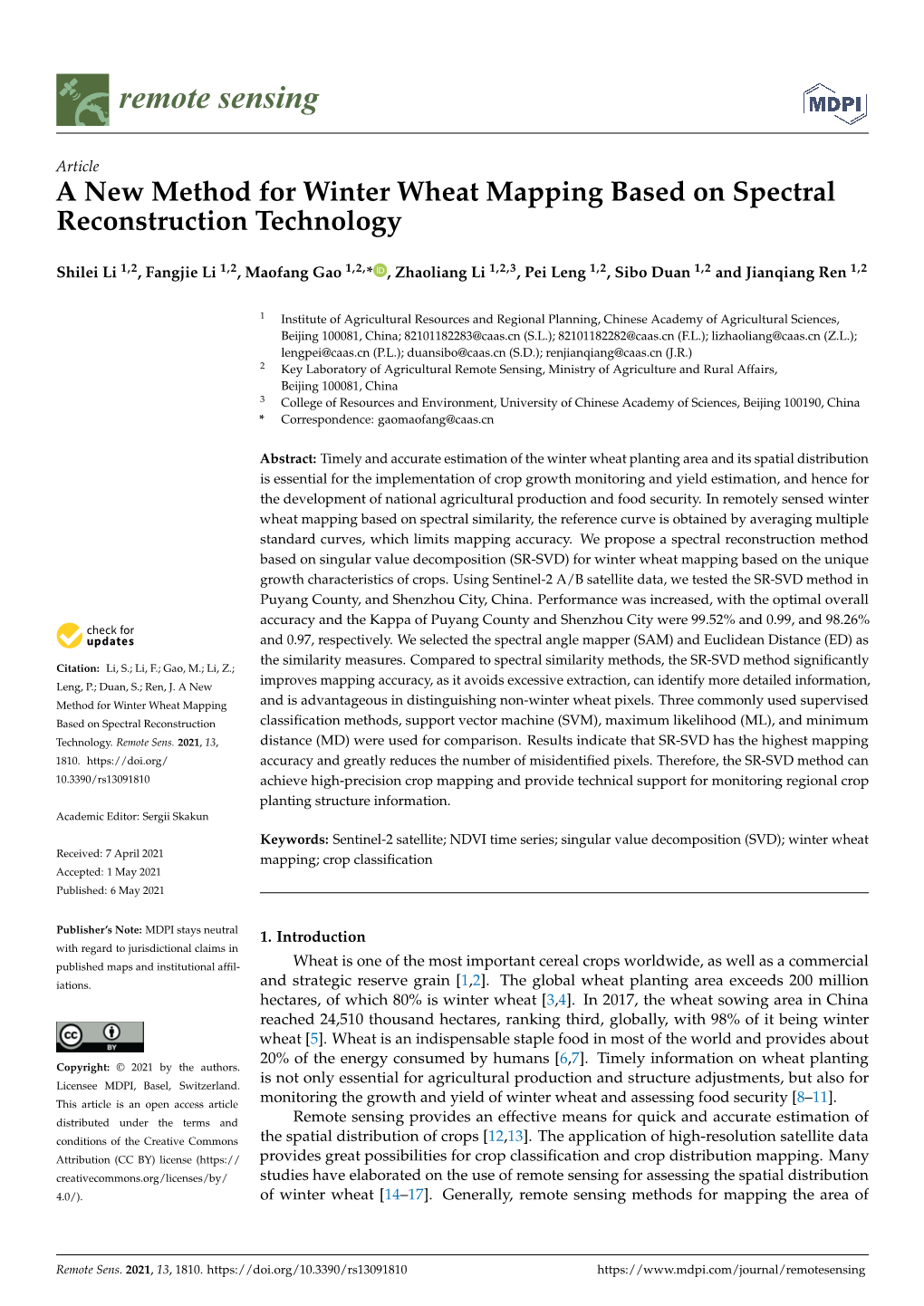 A New Method for Winter Wheat Mapping Based on Spectral Reconstruction Technology