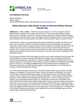 NASA Astronaut Visits Hawai'i As Part of Astronaut Ellison Onizuka