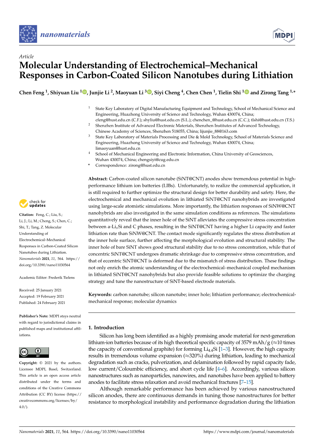 Molecular Understanding of Electrochemical–Mechanical Responses in Carbon-Coated Silicon Nanotubes During Lithiation