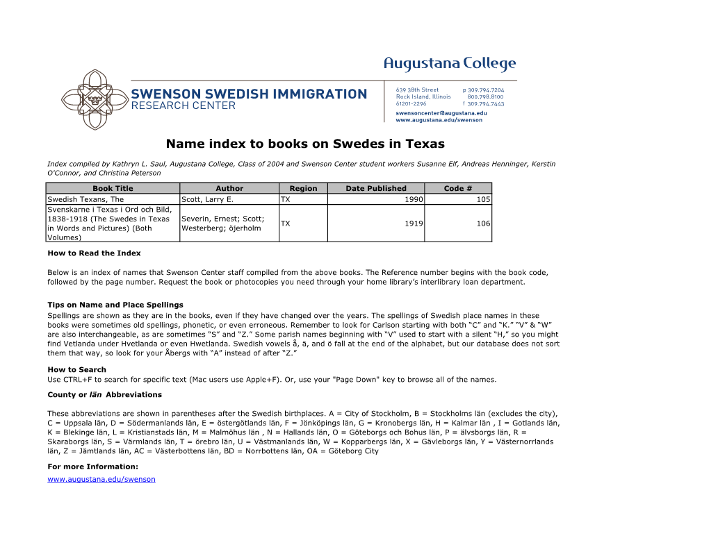 Name Index to Books on Swedes in Texas