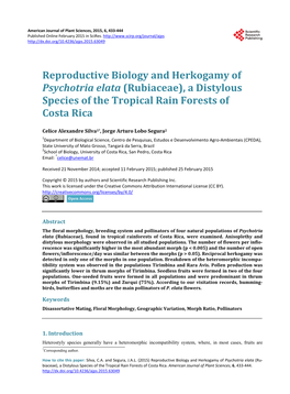 Reproductive Biology and Herkogamy of Psychotria Elata (Rubiaceae), a Distylous Species of the Tropical Rain Forests of Costa Rica