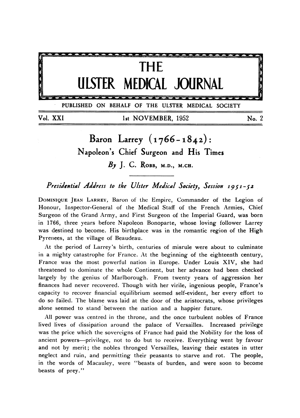 ULSTER THEDA JOURNAL PUBLISHED on BEHALF of the ULSTER MEDICAL SOCIETY Vol