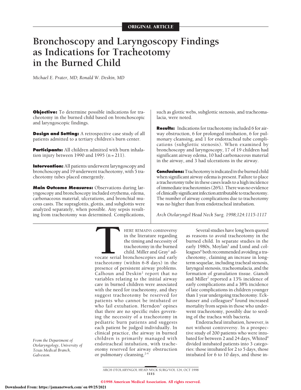 Bronchoscopy and Laryngoscopy Findings As Indications for Tracheotomy in the Burned Child