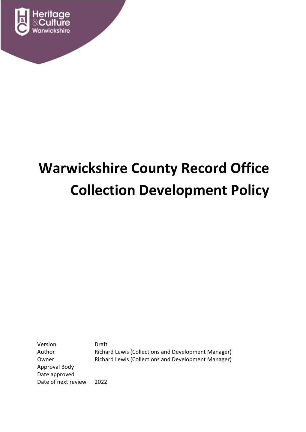 Warwickshire County Record Office Collection Development Policy