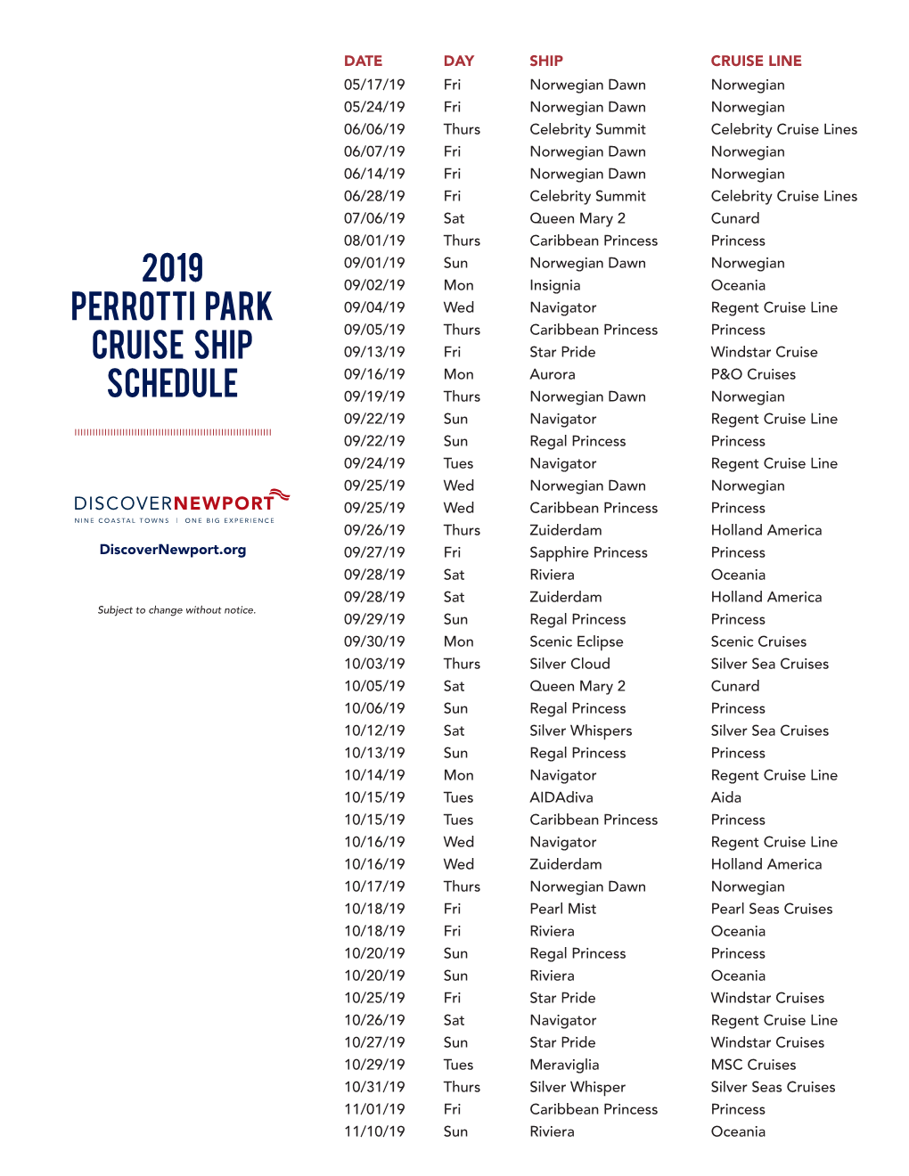 2019 Perrotti Park Cruise Ship Schedule