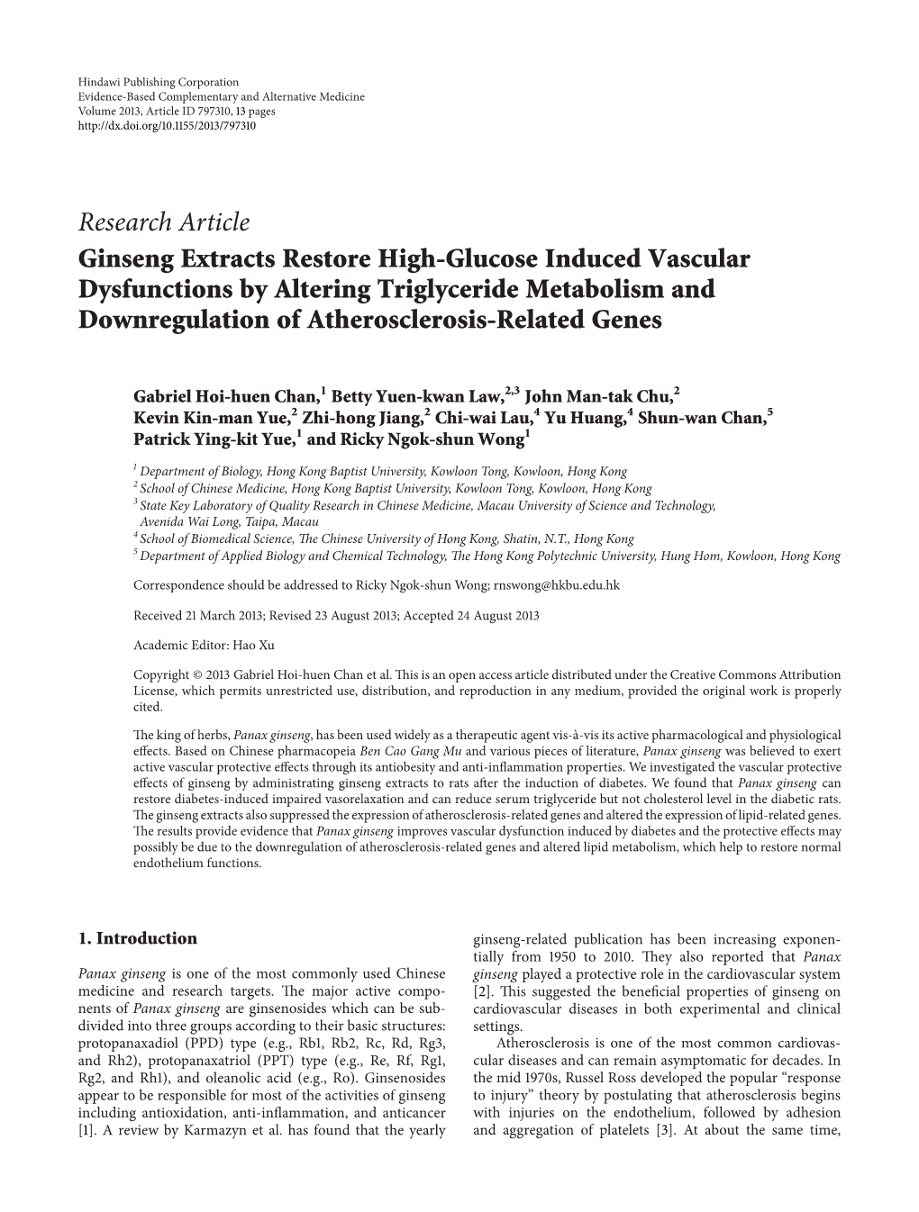 Ginseng Extracts Restore High-Glucose Induced Vascular Dysfunctions by Altering Triglyceride Metabolism and Downregulation of Atherosclerosis-Related Genes