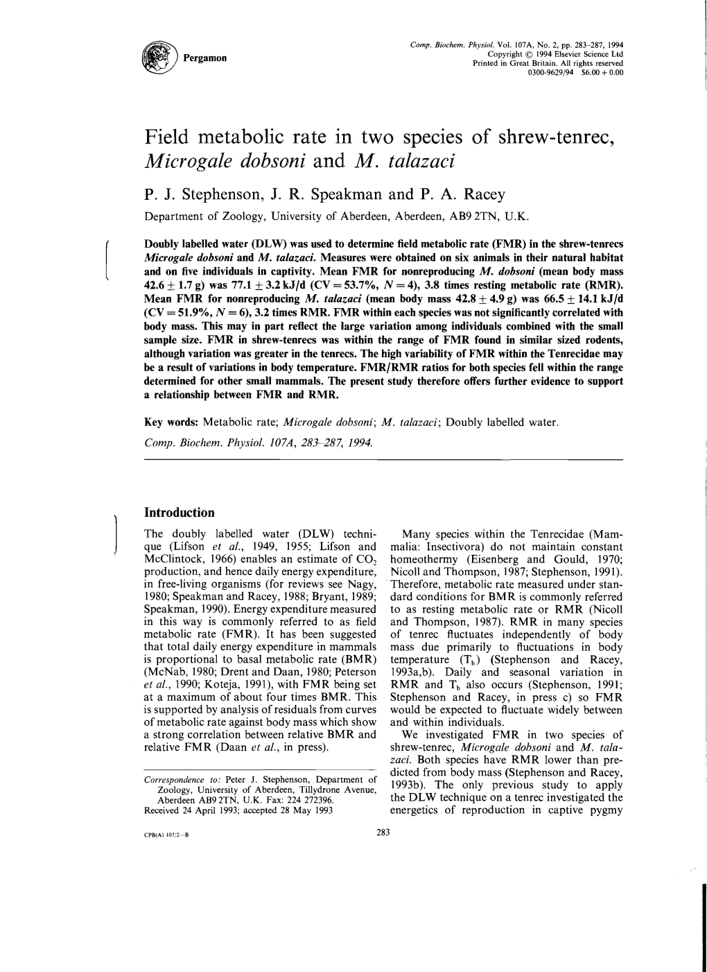 Field Metabolic Rate in Two Species of Shrew-Tenrec, Microgale Dobsoni and M