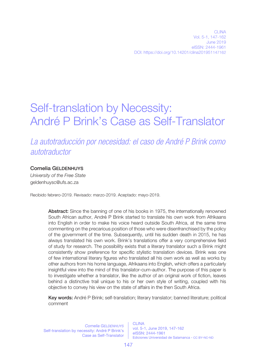 André P Brink's Case As Self-Translator = La