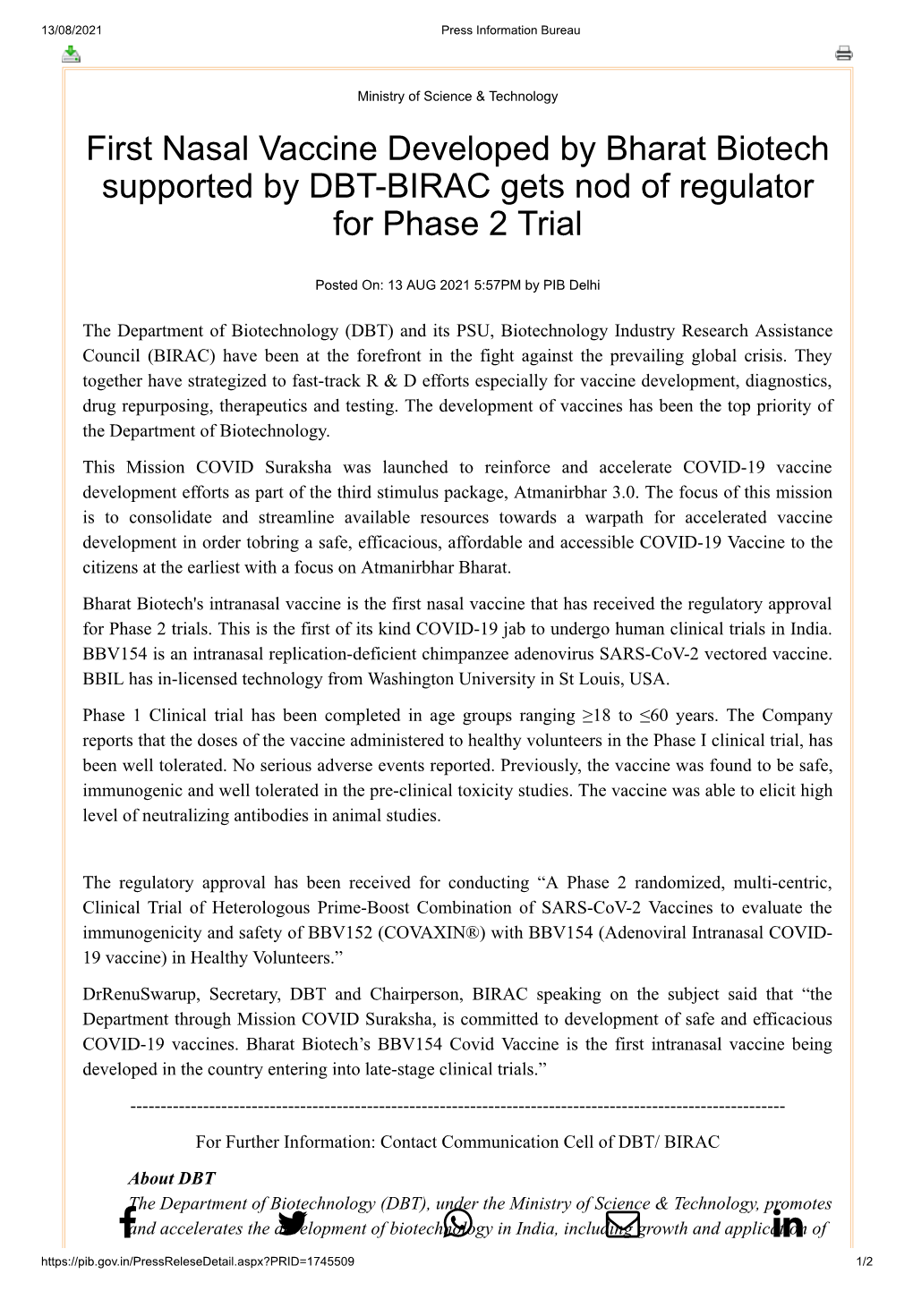 First Nasal Vaccine Developed by Bharat Biotech Supported by DBT-BIRAC Gets Nod of Regulator for Phase 2 Trial