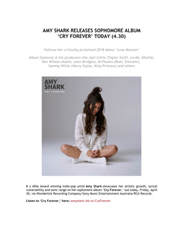 Amy Shark Releases Sophomore Album 'Cry Forever' Today (4.30)