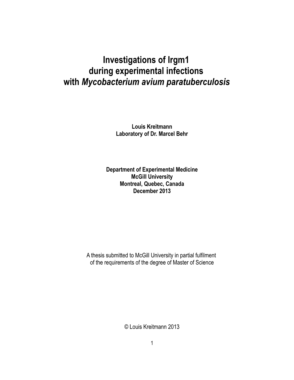 Investigations of Irgm1 During Experimental Infections with Mycobacterium Avium Paratuberculosis