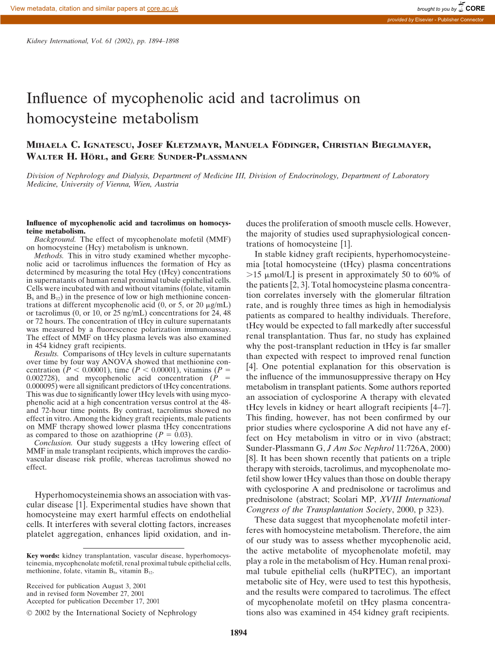 Influence of Mycophenolic Acid and Tacrolimus on Homocysteine