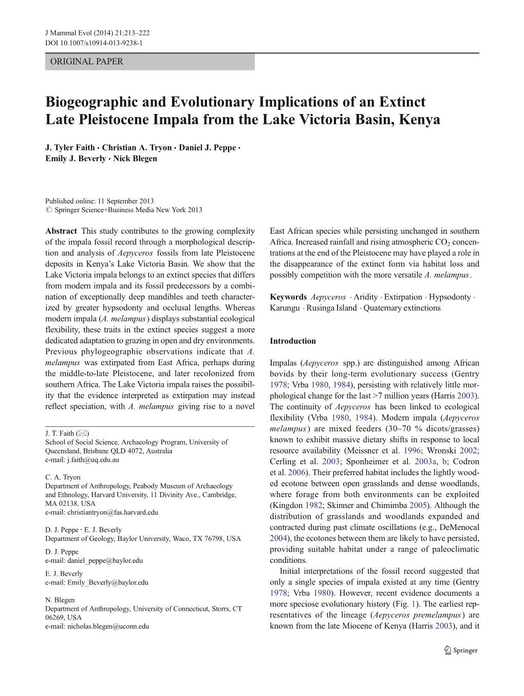 Biogeographic and Evolutionary Implications of an Extinct Late Pleistocene Impala from the Lake Victoria Basin, Kenya