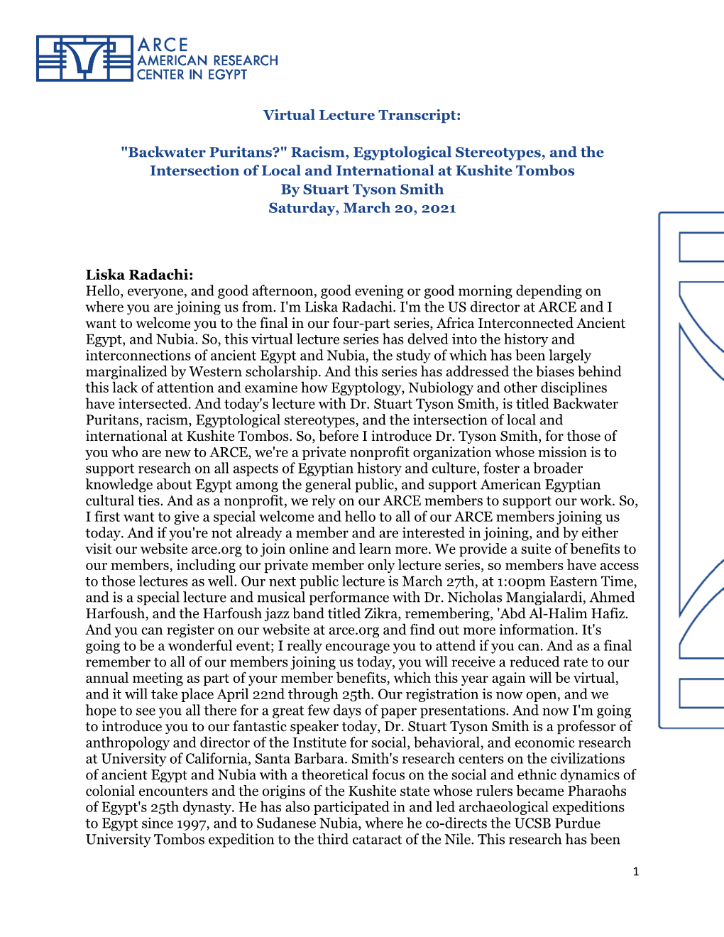 Virtual Lecture Transcript: "Backwater Puritans?" Racism, Egyptological