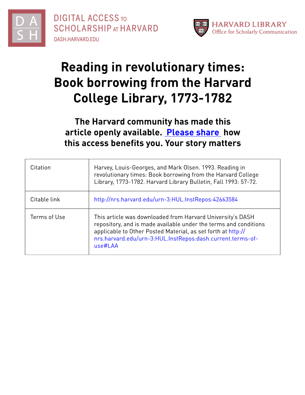 Reading in Revolutionary Times: Book Borrowing from the Harvard College Library, 1773-1782