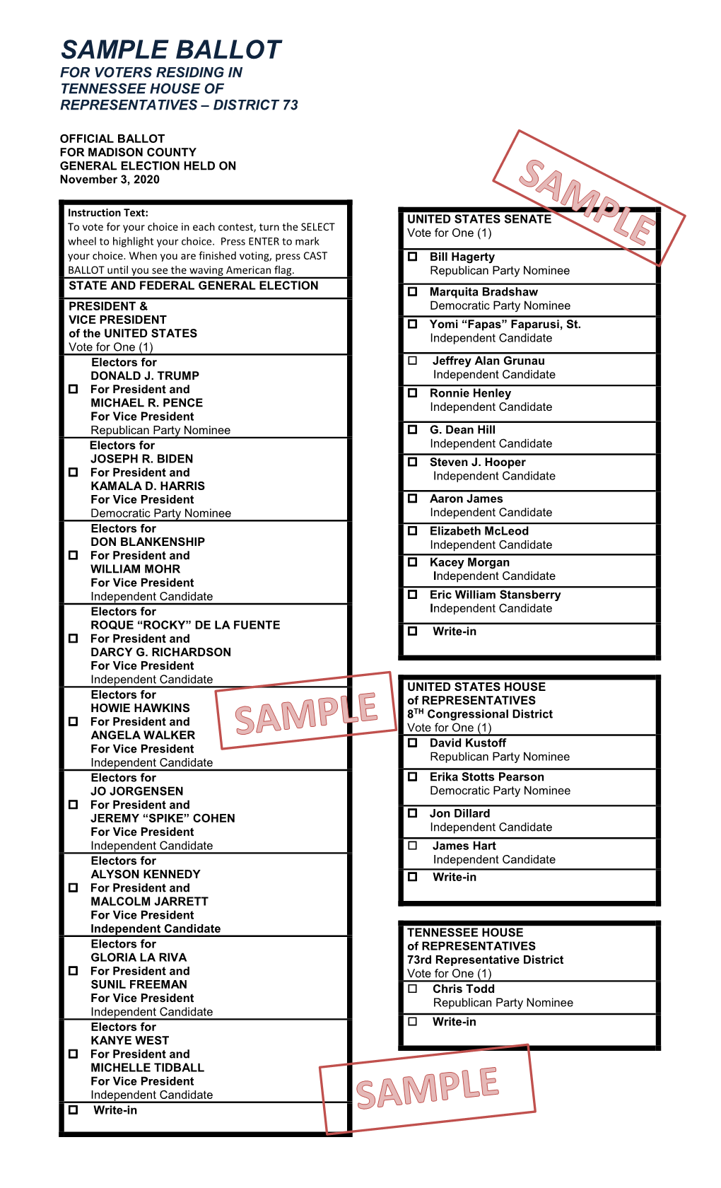 Sample Ballot for Voters Residing in Tennessee House of Representatives – District 73
