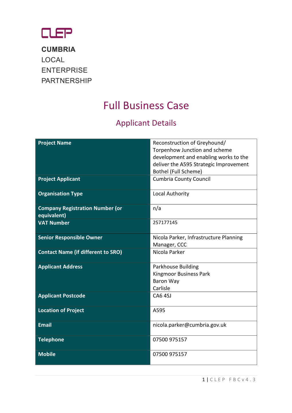 Full Business Case Applicant Details