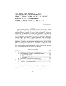 All Fun and (Mind) Games? Protecting Consumers from the Manipulative Harms of Interactive Virtual Reality