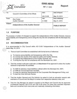 AG-13-09 May 16, 2013 File: Date of Meeting: From: Ron Foster Auditor General C-1000 May 21, 2013