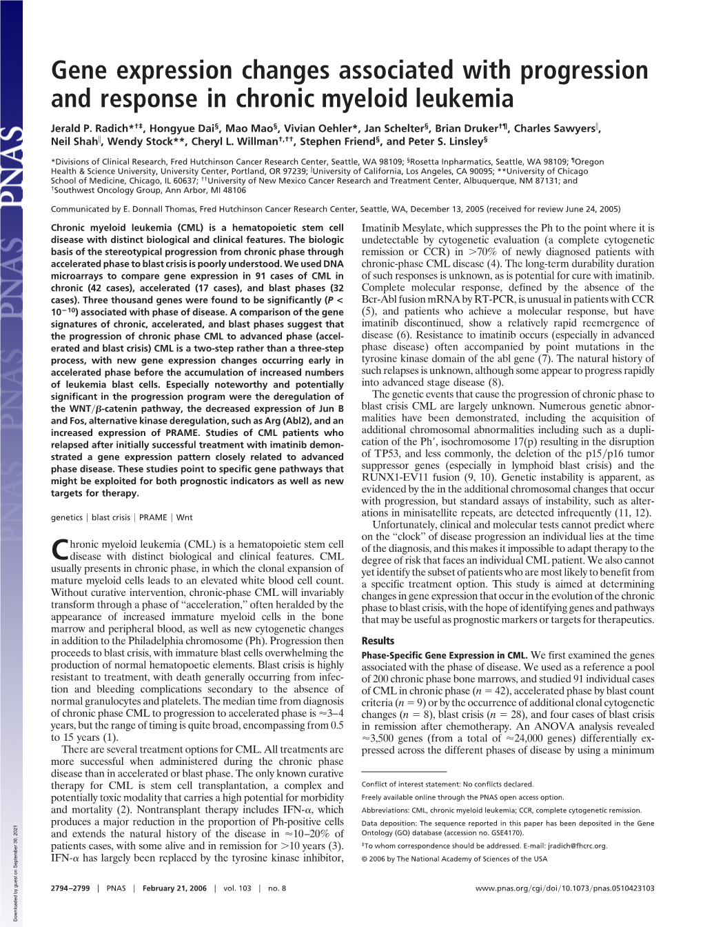 Gene Expression Changes Associated with Progression and Response in Chronic Myeloid Leukemia