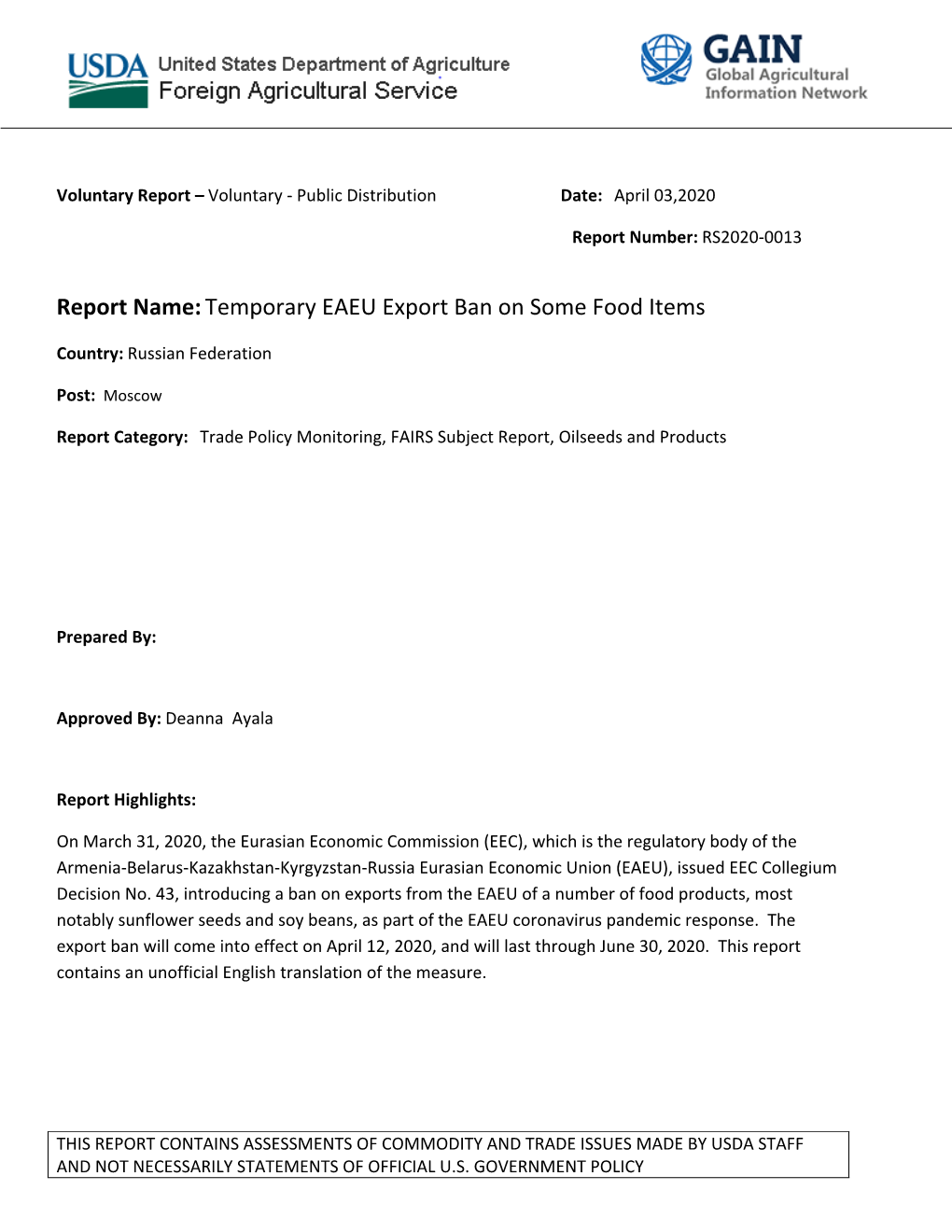 Report Name:Temporary EAEU Export Ban on Some Food Items