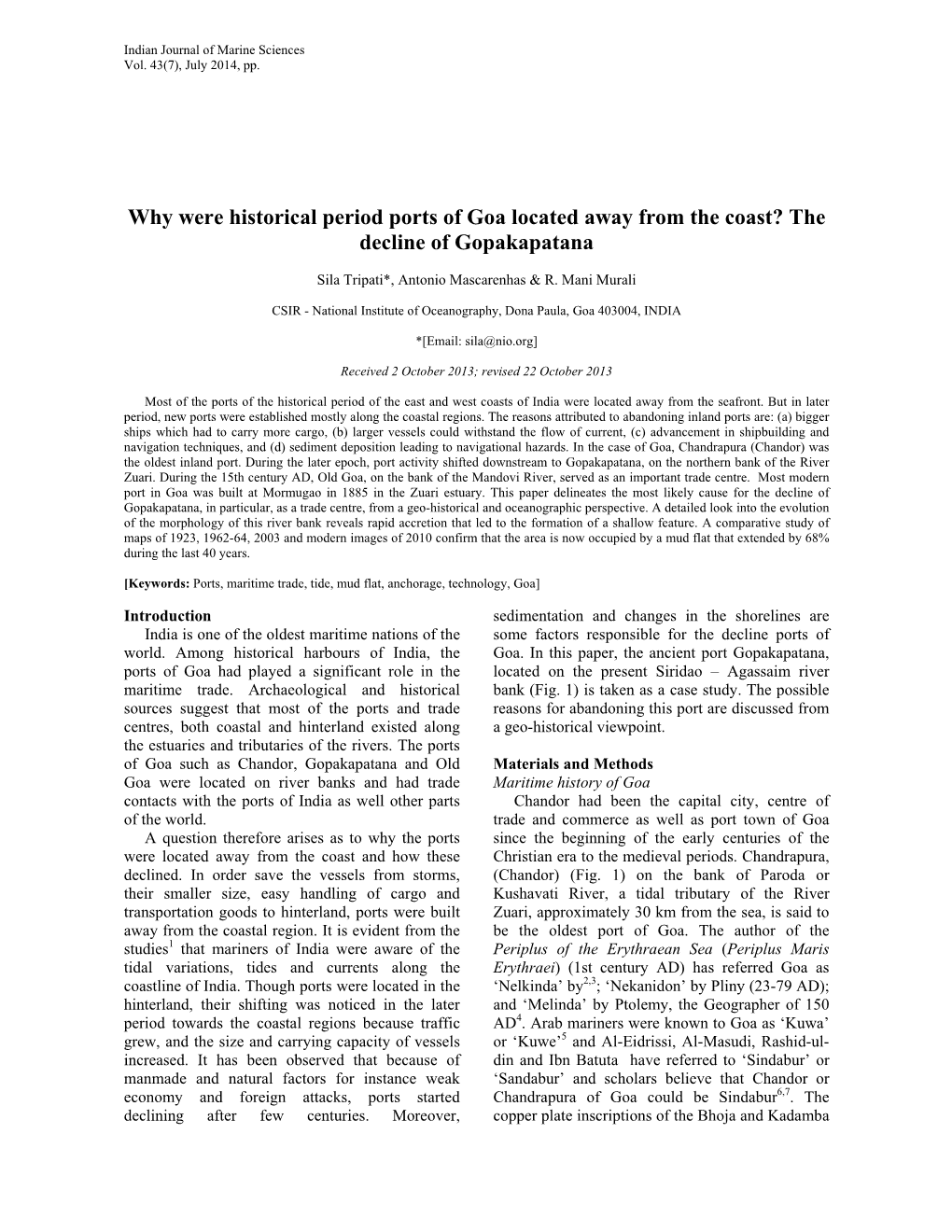 Why Were Historical Period Ports of Goa Located Away from the Coast? the Decline of Gopakapatana