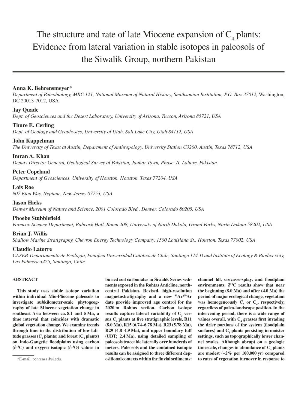 Evidence from Lateral Variation in Stable Isotopes in Paleosols of the Siwalik Group, Northern Pakistan