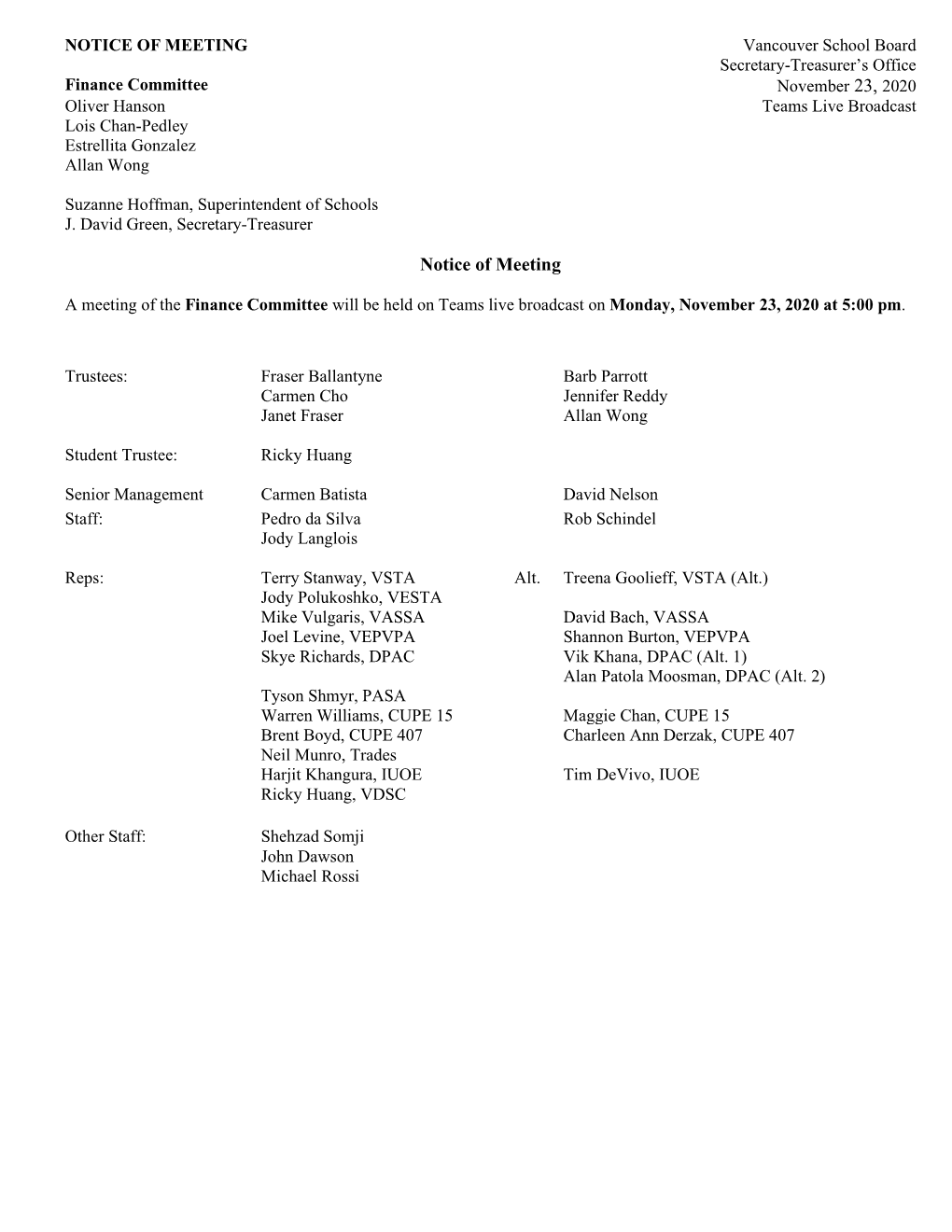 20Nov23 Finance Committee Agenda