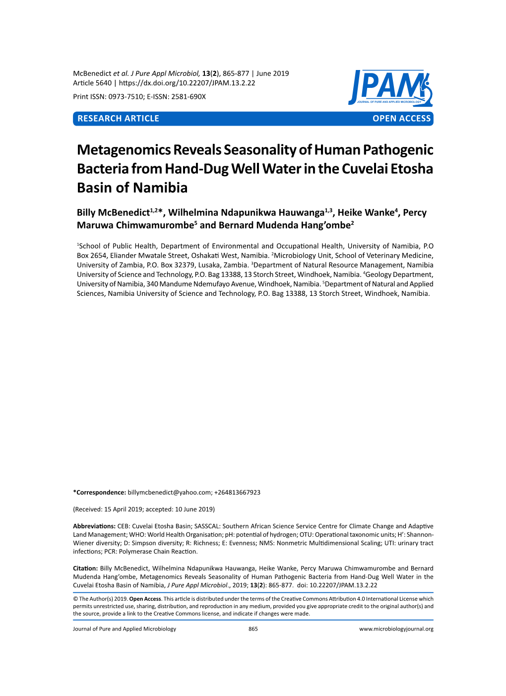 Metagenomics Reveals Seasonality of Human Pathogenic Bacteria from Hand-Dug Well Water in the Cuvelai Etosha Basin of Namibia