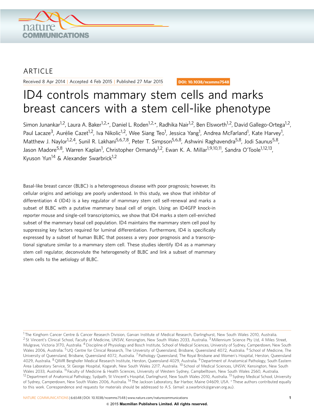 ID4 Controls Mammary Stem Cells and Marks Breast Cancers with a Stem Cell-Like Phenotype