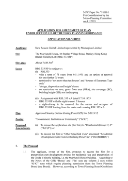 MPC Paper No. Y/H19/1 for Consideration by the Metro Planning Committee on 4.1.2019