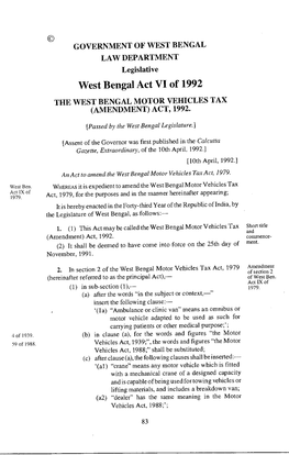 The West Bengal Motor Vehicles Tax ( Amendment ) Act, 1992