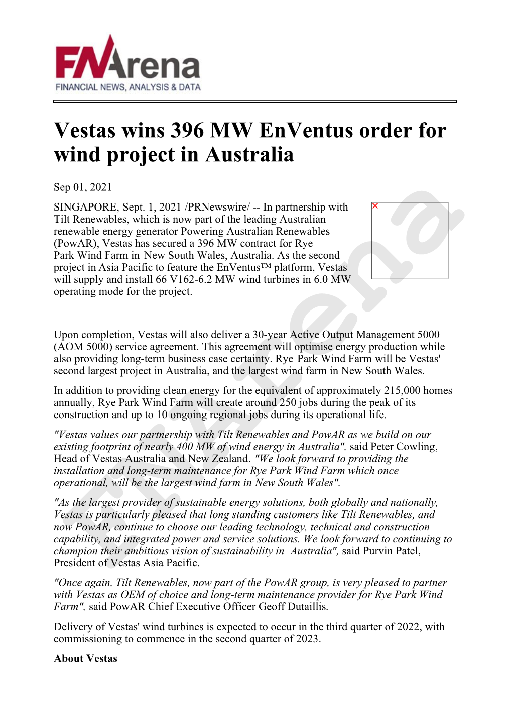 Vestas Wins 396 MW Enventus Order for Wind Project in Australia