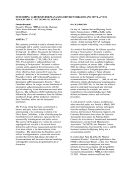 DEVELOPING GUIDELINES for MANAGING DRIVER WORKLOAD and DISTRACTION ASSOCIATED with TELEMATIC DEVICES Donald Bischoff Executive D